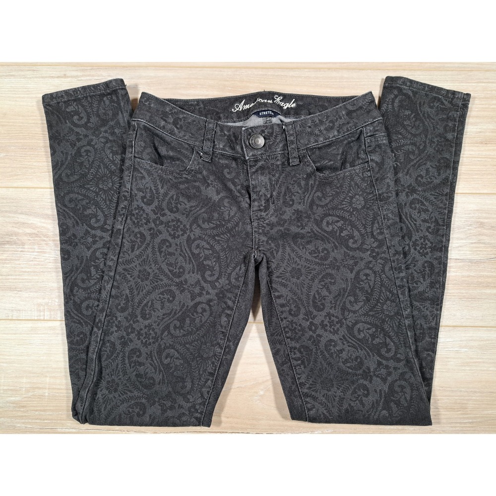 American Eagle Super Stretch Jegging Dark Gray Paisley Floral Skinny Jeans 0 R